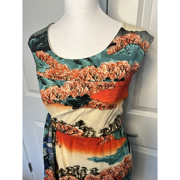 Carven Dress Asian Print Tie Wrap Scoop Neck Abstract Swoop Neck 36 8 / 10 - Picture 2 of 16